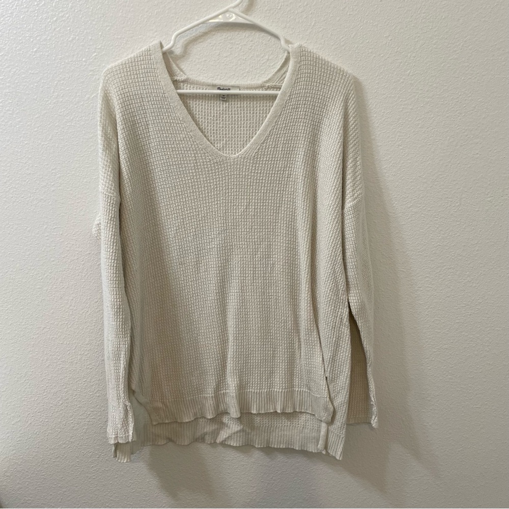 Waffle Knit V-Neck Sweater - Cream